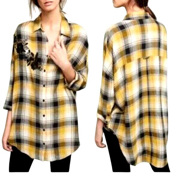 $128 ANTHROPOLOGIE / MAEVE yellow black plaid oversized button up shirt … - Picture 3 of 9